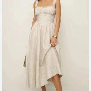 Reformation Tan & Cream Striped Linen Dress Size 2 EUC